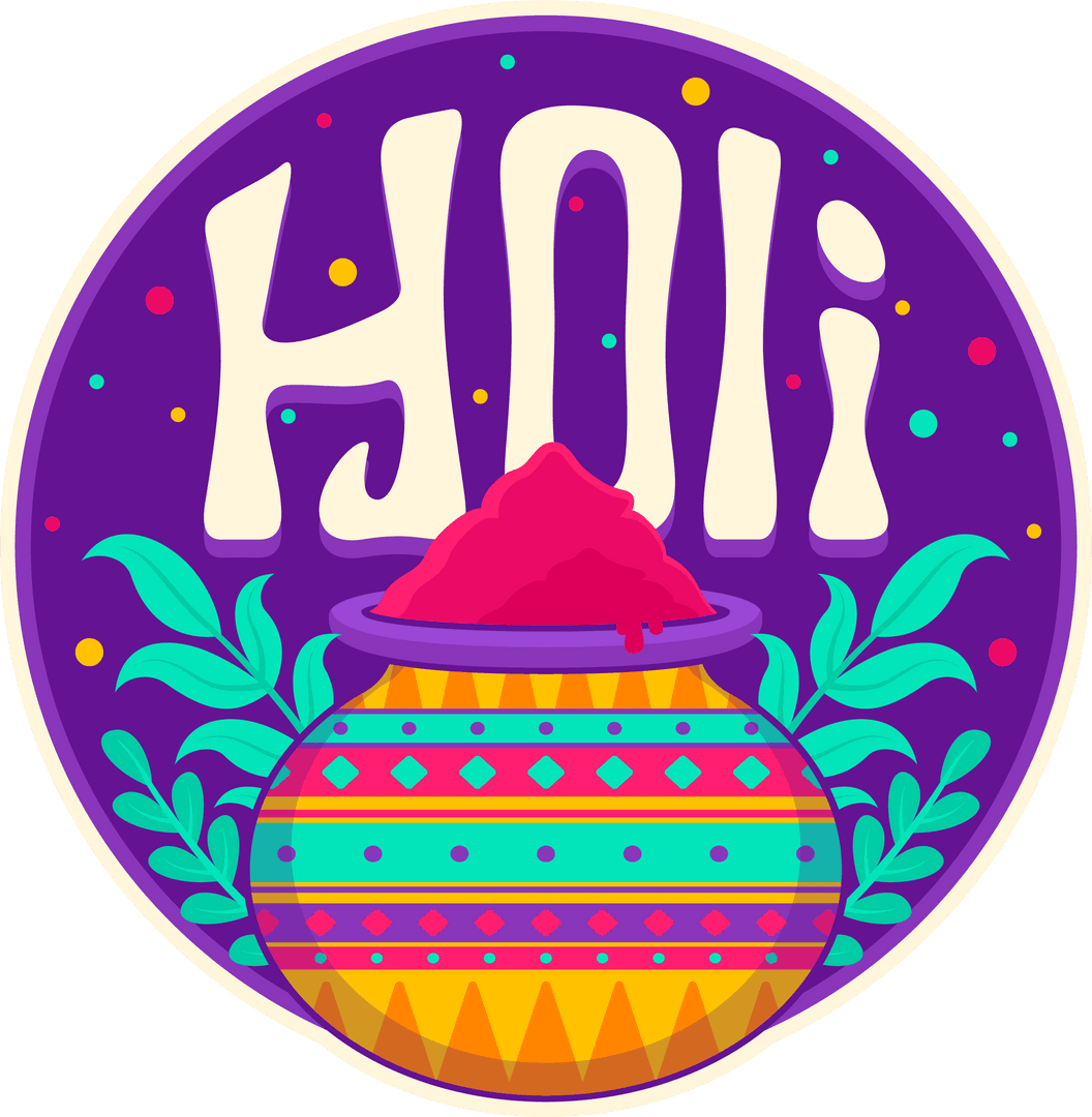 Vibrant Holi Festival Emblem with Pot of Color, Transparent Vector Design
