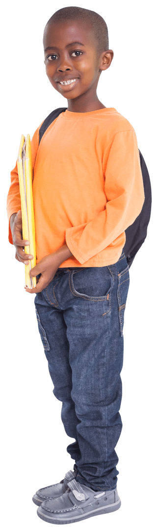 Happy African American Boy in Orange Sweater with Backpack and Clipboard