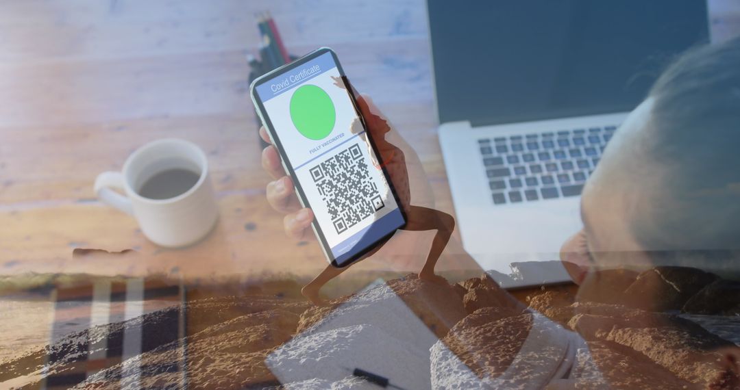 Man Holding QR Code on Smartphone, with Scenic Outdoor Overlay