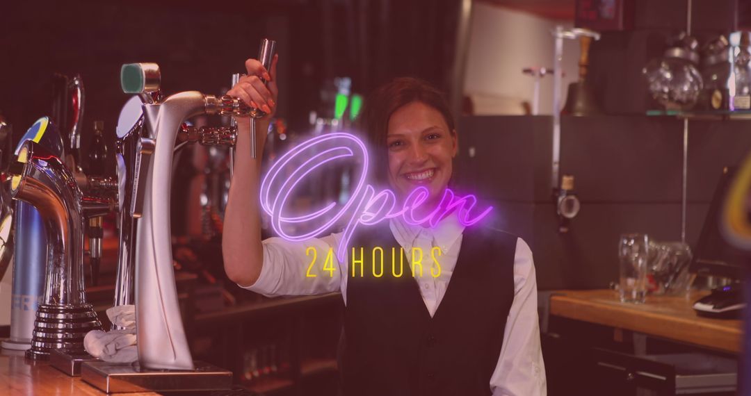 Smiling Bartender with Neon Sign Illustration 'Open 24 Hours'