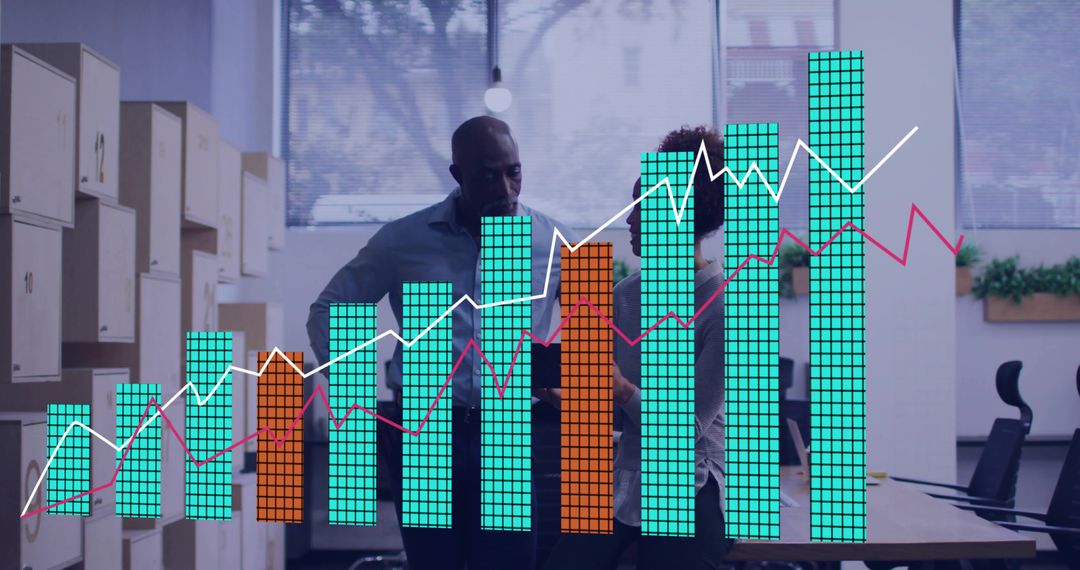 Business Data Growth Visualization Showing Colleagues Analyzing Bar and Line Charts