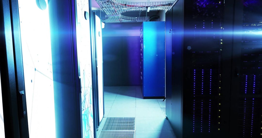 Futuristic Glowing Server Room with Data Network