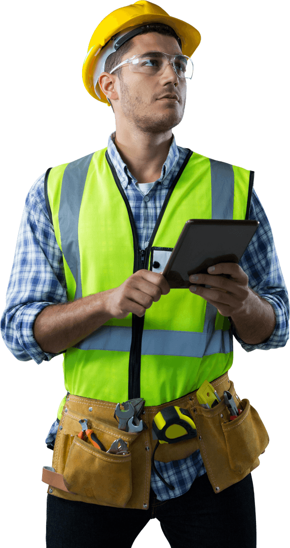 Transparent Construction Worker Checking Plans on Tablet