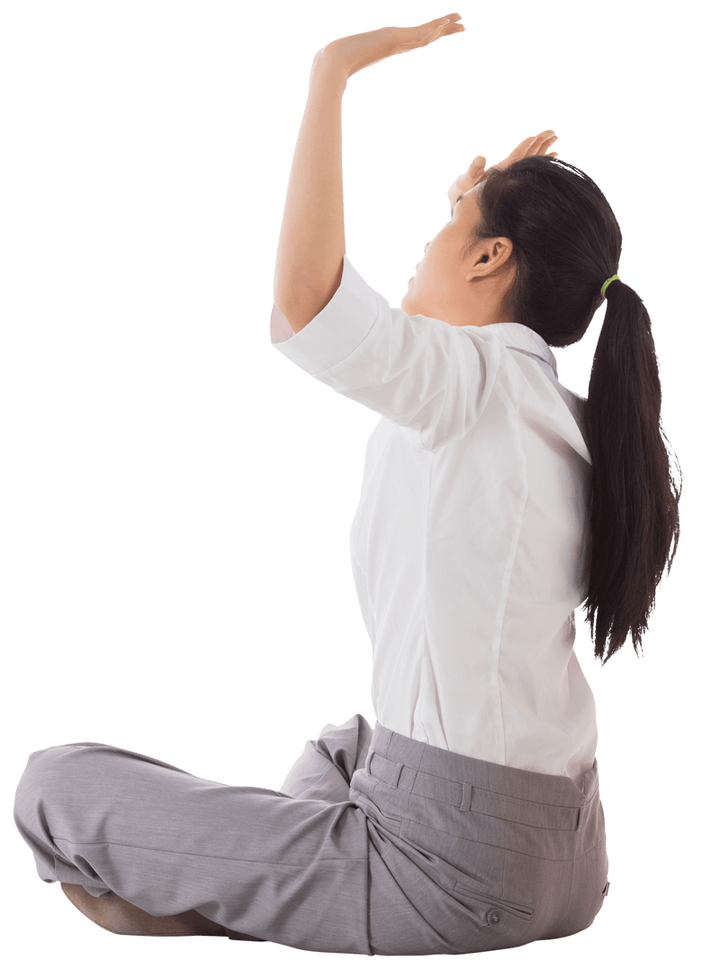 Transparent Businesswoman Relaxing with Arm Stretching in Office Clothes
