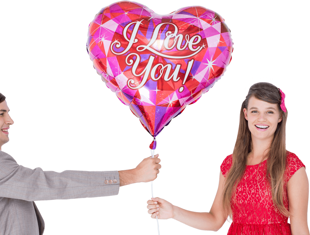 Smiling Couple Holding Heart-Shaped Balloon Transparent Background