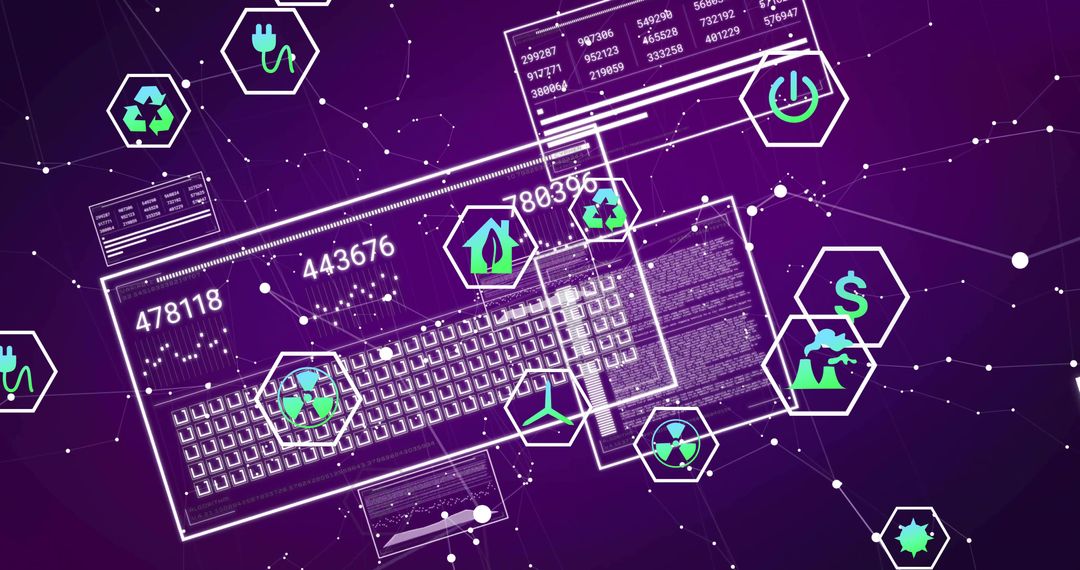 Futuristic Digital Interface with Code and Network Icons