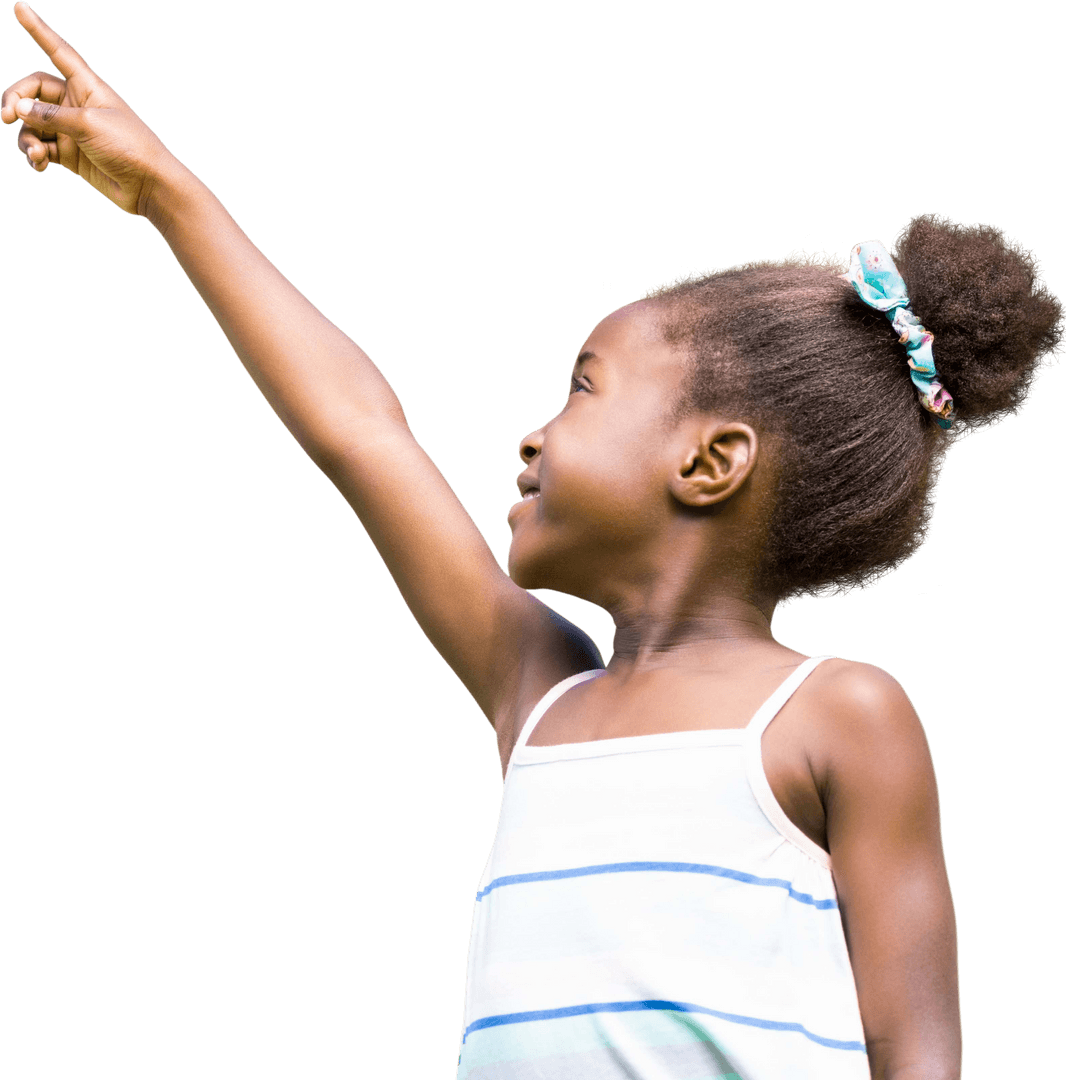 Joyful Child Pointing Upward on Transparent Background