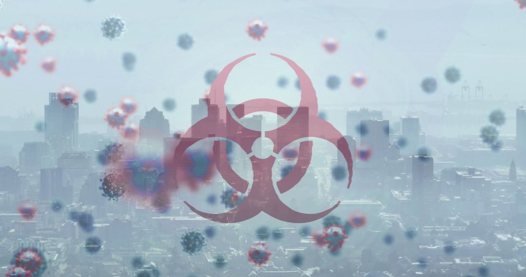 Dystopian Cityscape with Biohazard Elements Highlighting Contamination