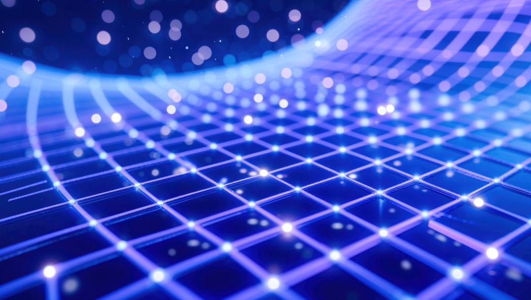 Futuristic Blue Grid with Glowing Nodes and Bokeh Effects