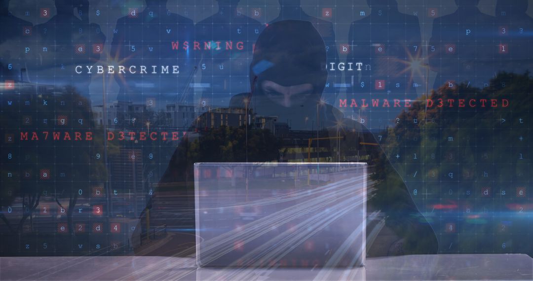 Hacker Surrounded by Cybercrime Warnings and Cityscape Overlay