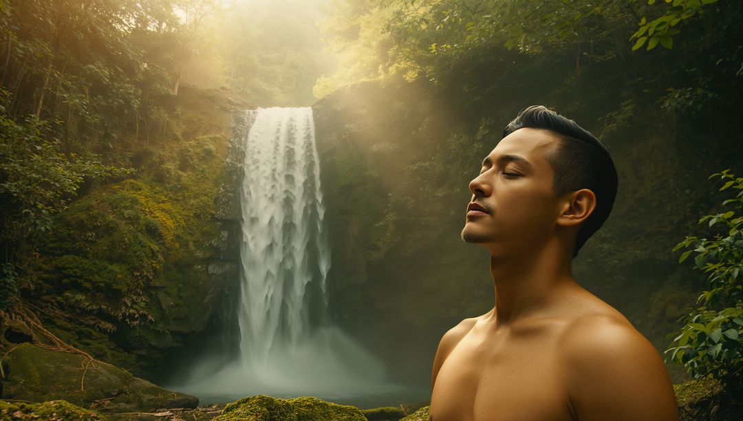 Serene Meditation Near Misty Forest Waterfall and Sunbeams