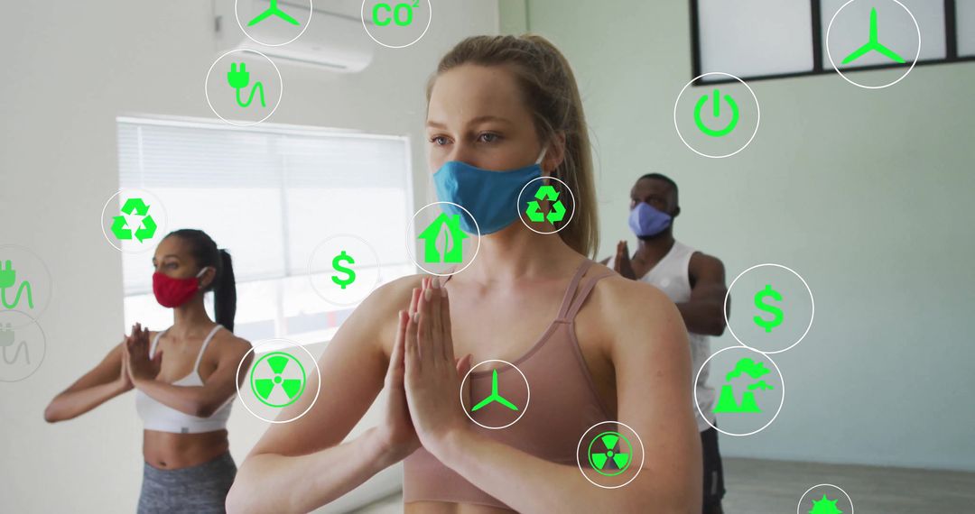 Mindful Yoga Practice in Eco-Friendly Studio with Green Icons