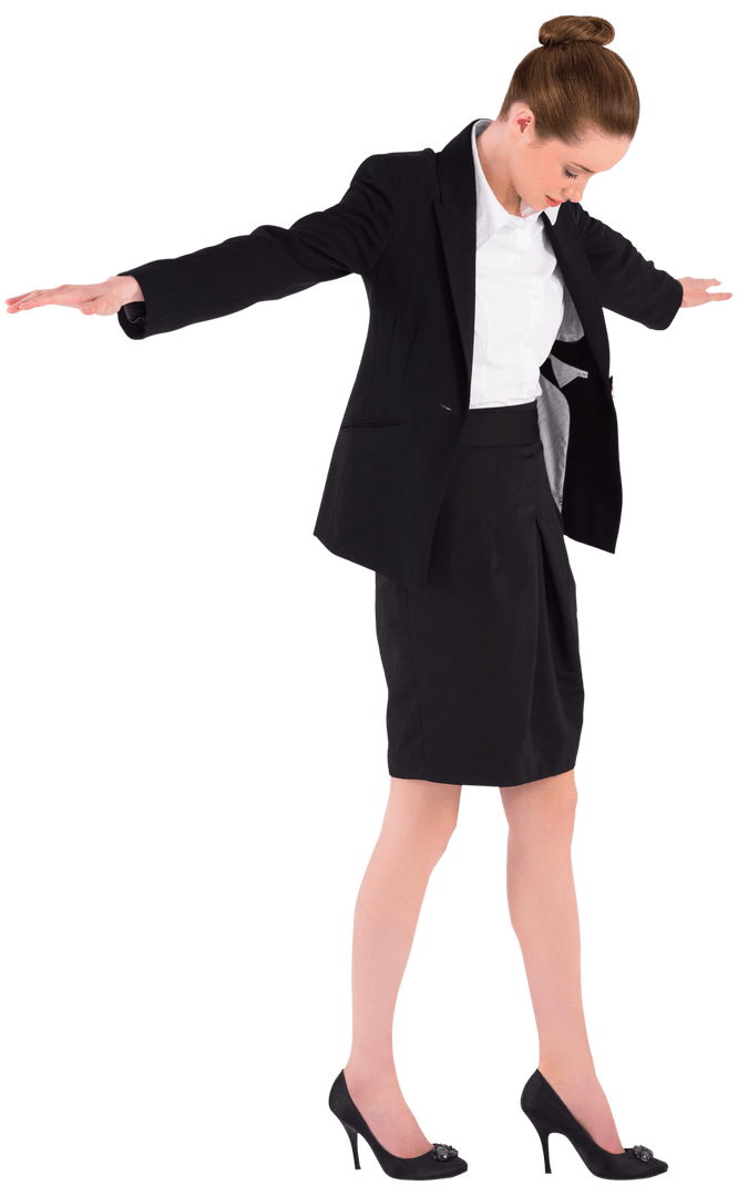 Transparent Businesswoman Balancing on One Foot
