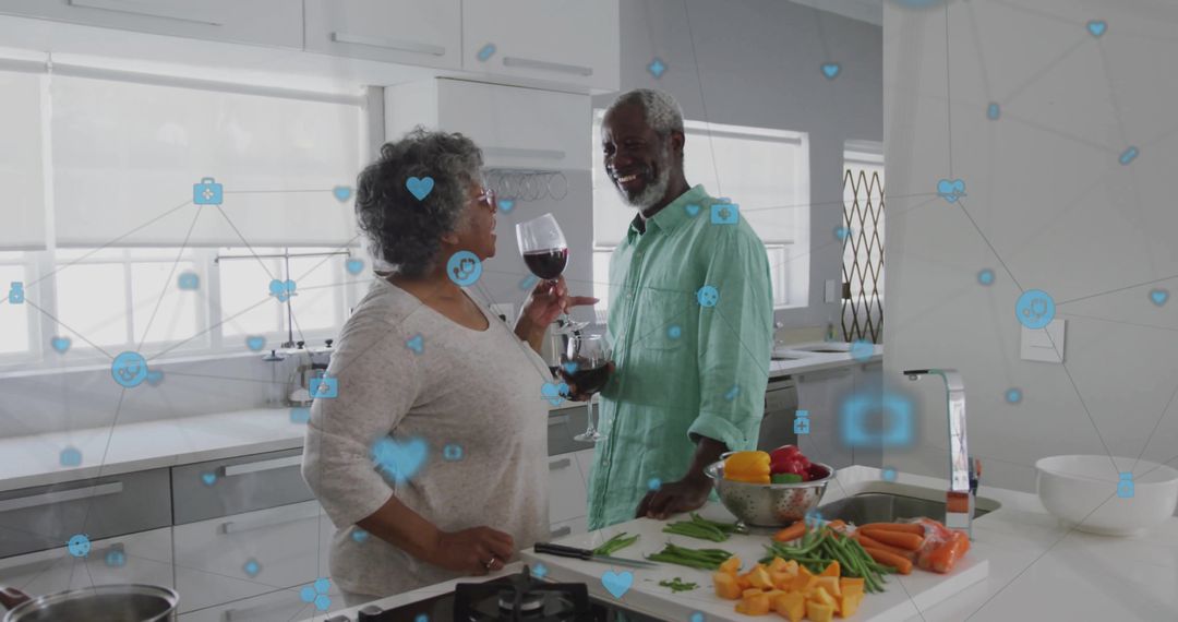 Senior Couple Enjoying Wine with Digital Connections Concept