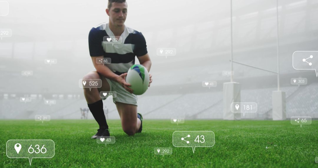 Rugby Player Strategizing on Field with Digital Overlay