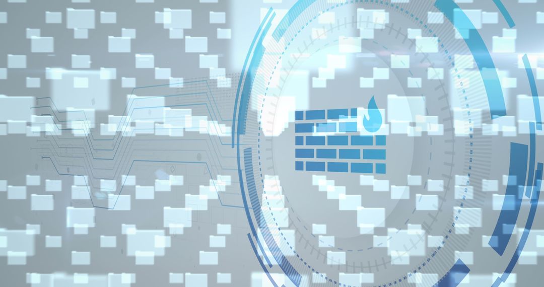 Digital Firewall Technology with Data Transfer Icons Overlay
