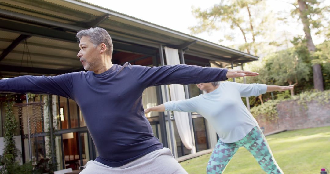 Senior Couple Practicing Yoga Outdoors at Home - Free Images, Stock Photos and Pictures on Pikwizard.com