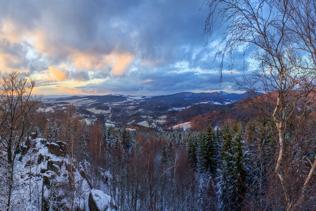 Scenic Winter Landscape with Snow-covered Forest and Distant Mountains at Sunset - Free Images, Stock Photos and Pictures on Pikwizard.com