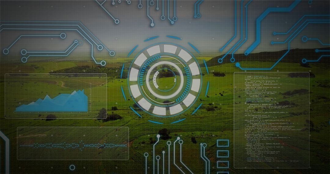 Futuristic HUD Interface with Digital Panels atop Scenic Hillside