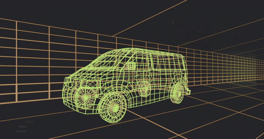 Neon Wireframe Van Rotating in Futuristic 3D Modeling Grid for Automotive Design Visualization
