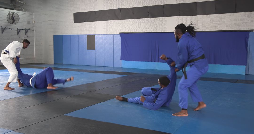 African American Men Practicing Judo Techniques on Dojo Mats