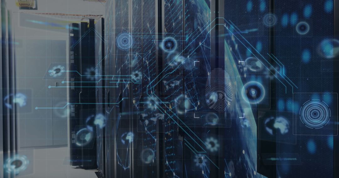 Futuristic Server Room with Digital Network Connections Overlay