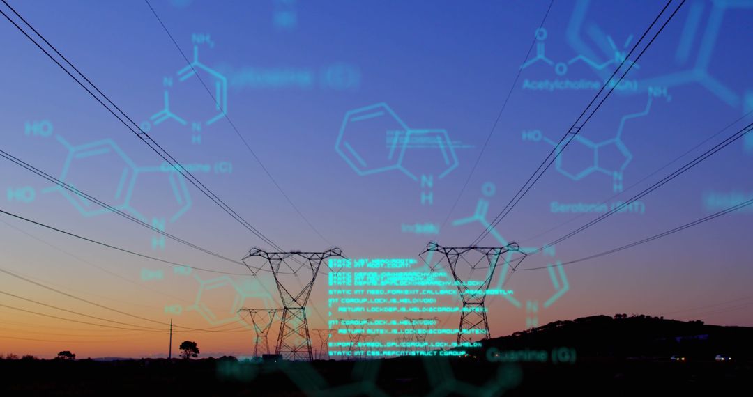 Futuristic Tech Overlay with Electricity Towers at Sunset