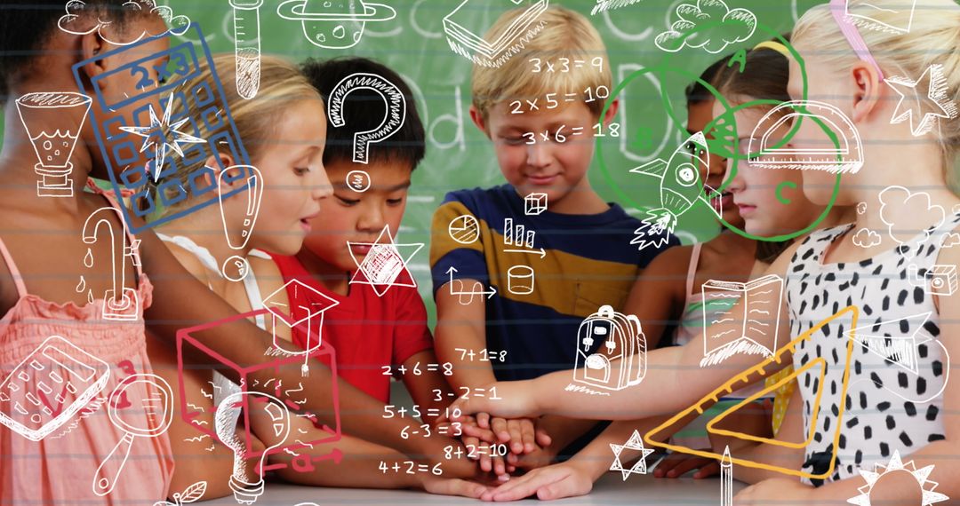 Diverse Students Engaged in Collaborative Learning With Educational Icons