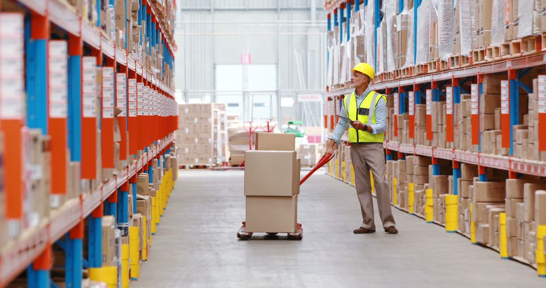 Worker Manually Moving Boxes on Pallet Truck in Large Warehouse - Free Images, Stock Photos and Pictures on Pikwizard.com