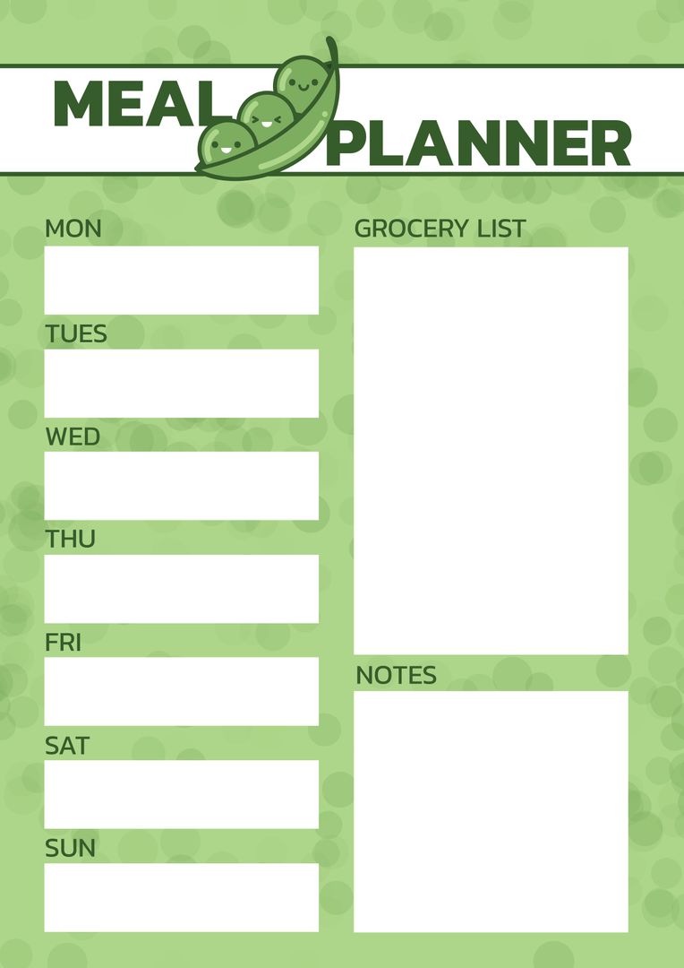 Green Peas Meal Planner with Grocery List and Notes Space - Download Free Stock Templates Pikwizard.com