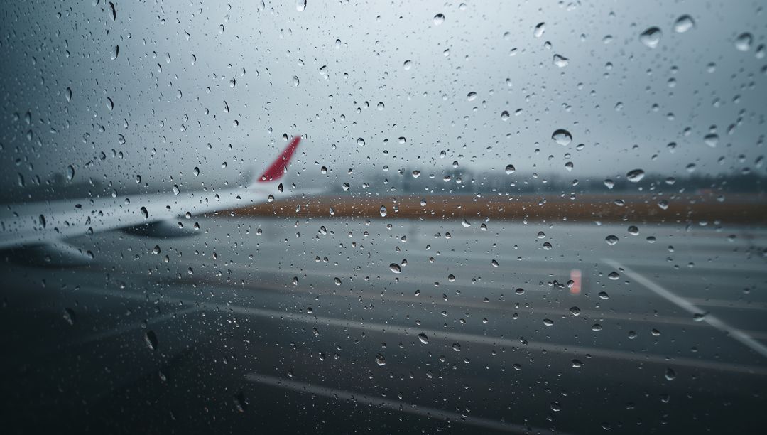 Raindrops on airplane window framing blurred red winglet and wet runway