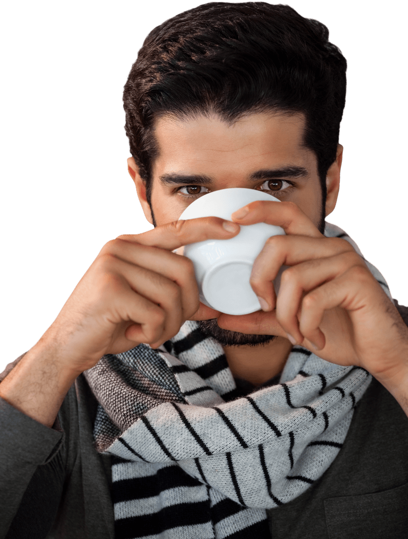 Transparent Background Man Drinking Tea with Scarf