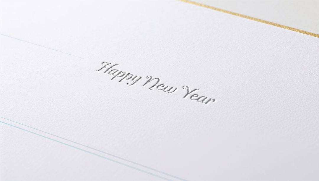 Embossed Happy New Year in Silver Foil on Textured White Card with Gold Border