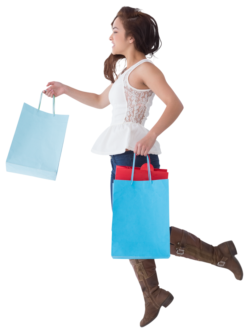 Woman Leaping Happily with Blue and Red Shopping Bags, Transparent Background - Download Free Stock Images Pikwizard.com