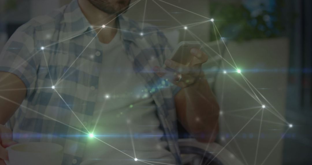 Man Engaged with Smartphone Amidst Digital Connectivity