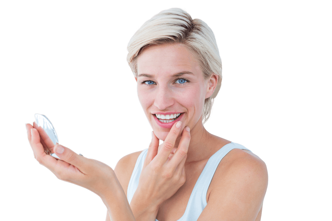 Blonde Woman Checking Skin Reflection in Mirror Transparent Background