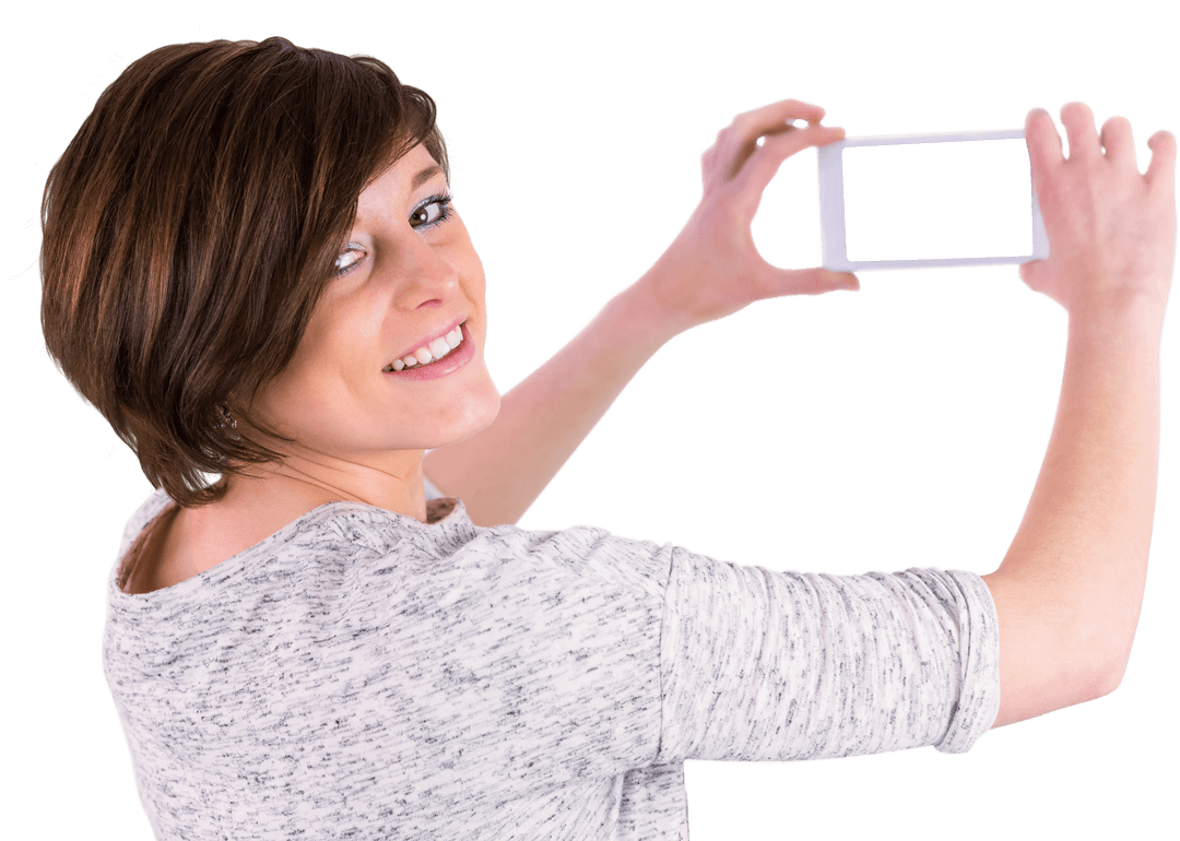 Transparent Woman Smiling While Taking Smartphone Selfie