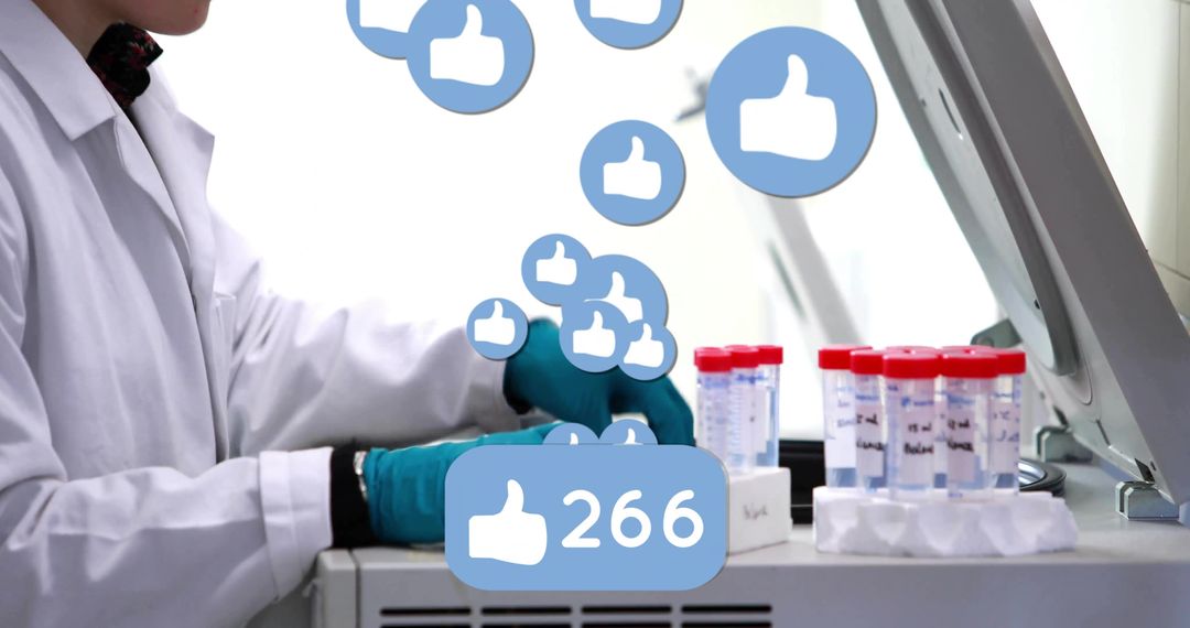 Laboratory technician handling test tubes with floating social like icons and 266 badge