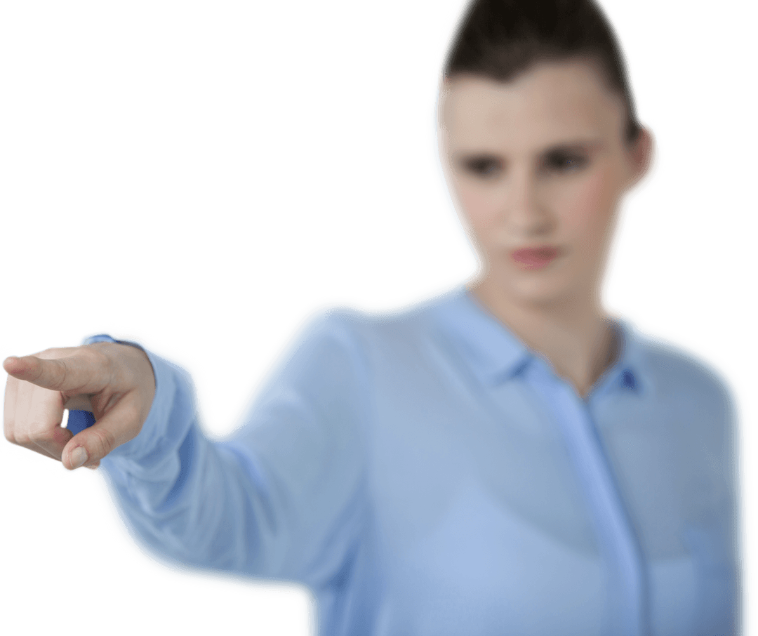 Transparent Pointing Gesture by Focused Businesswoman in Blue