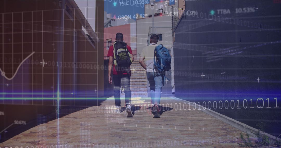 Men Walking Through Digital Coding Overlay on Street