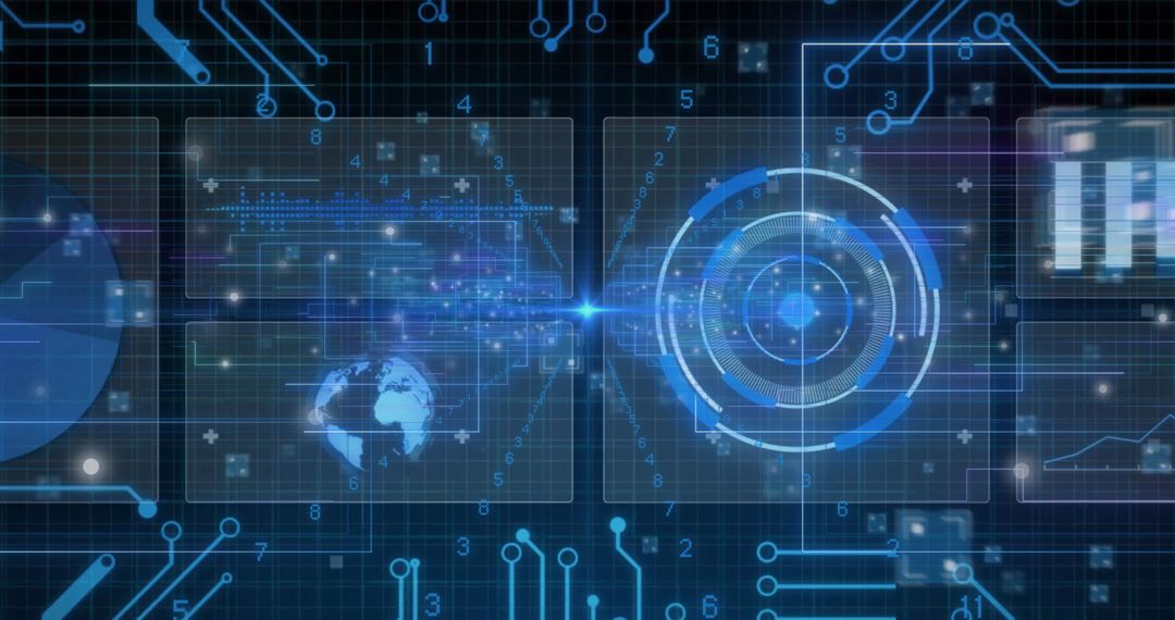 Futuristic Digital Interface with Circuits and Data Visualization