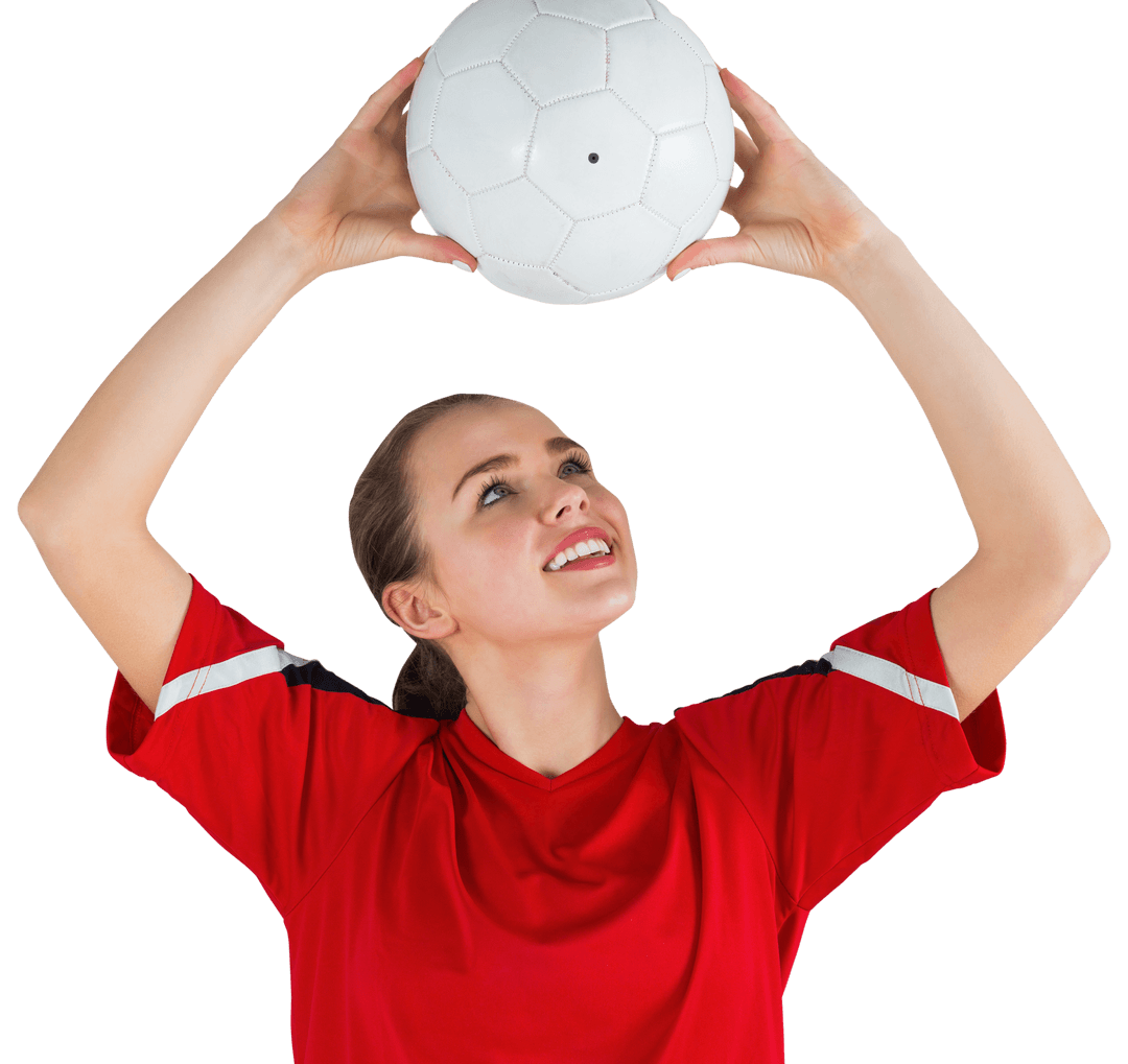 Transparent Background of Happy Female Football Player Holding Ball Up