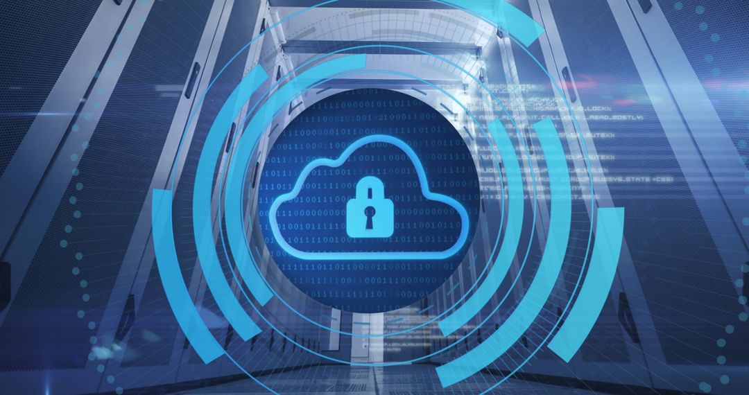 Digital Cloud Security Concept with Servers and Padlock Symbol