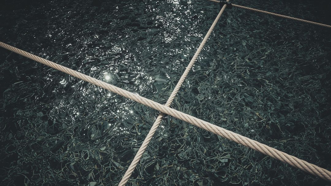 Rope Grid Crossing Reflective Water with Sunlight and Texture