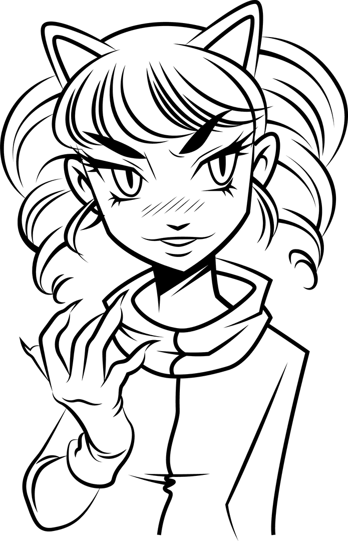 Transparent Line Art of Cute Cat-Eared Girl