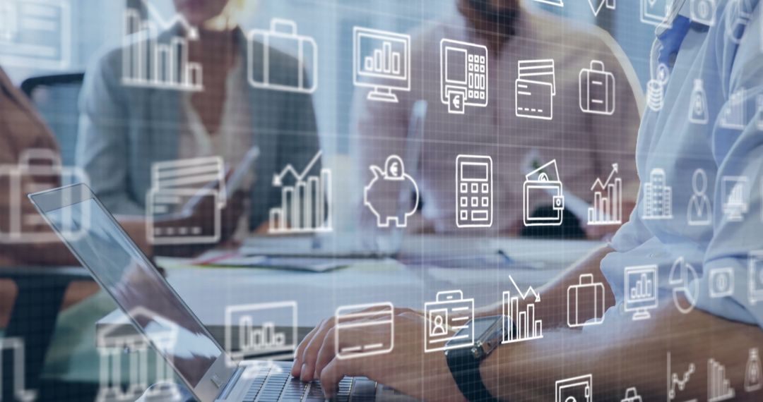 Digital Interface of Business Icons Behind Corporate Meeting