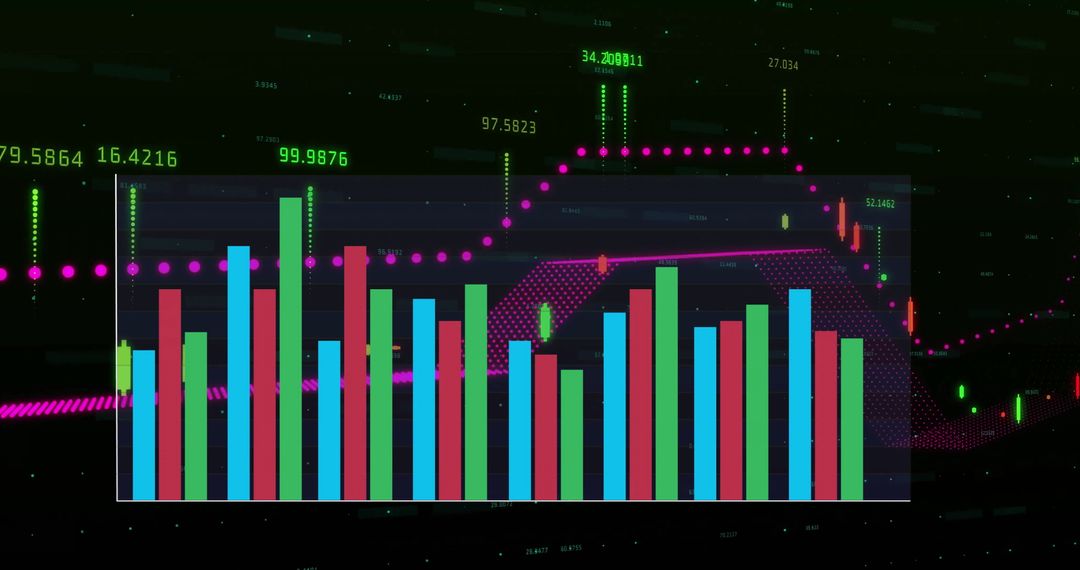 Colorful Bar and Line Charts Analyzing Financial Data Over Dark Background