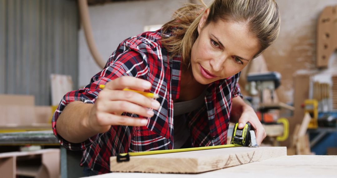 Focused Female Carpenter Measuring Wooden Plank in Workshop - Free Images, Stock Photos and Pictures on Pikwizard.com