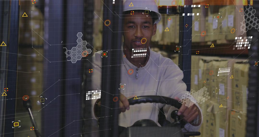 Warehouse Worker Operating Forklift with Data Overlay Technology