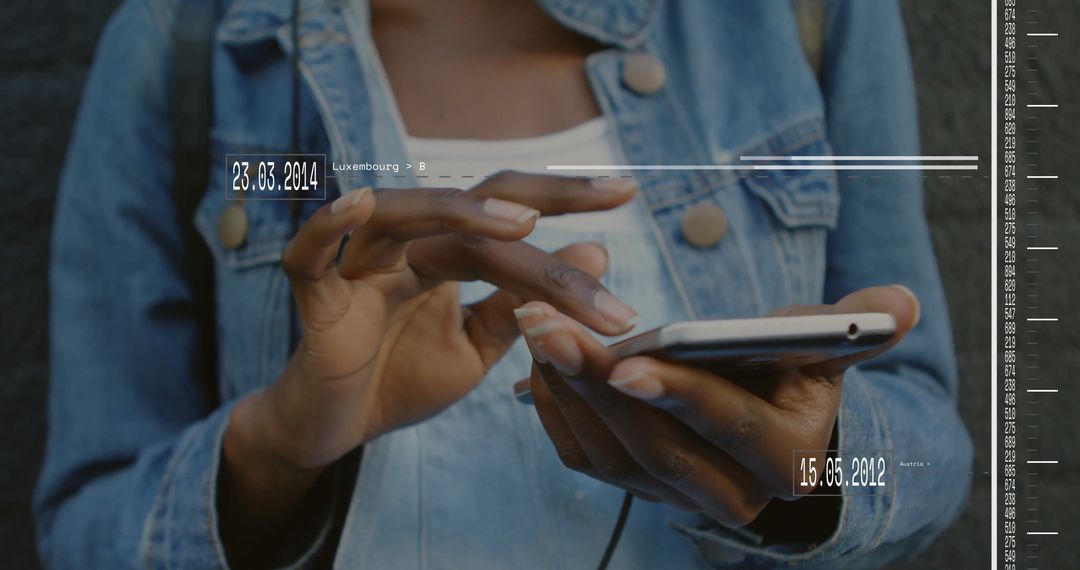 Woman Interacting with Smartphone and Digital Data Overlays